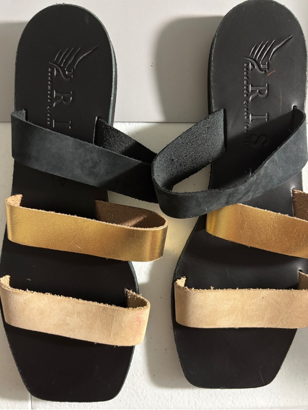 Women's Black Slide Sandals with Gold and Tan Straps